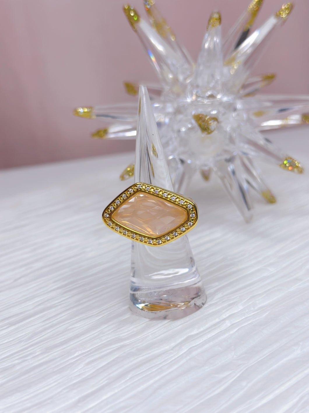 Rose Quartz Asymmetrical Faceted Gold Plated Ring