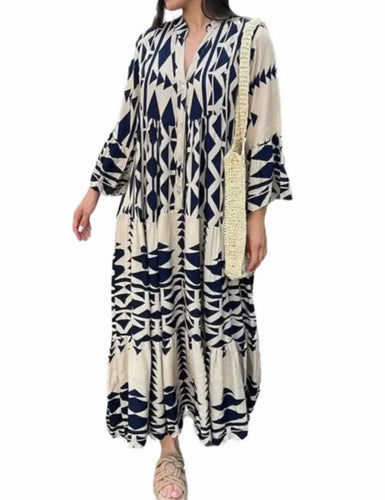 Ivory Navy Geometric Print Tunic Dress