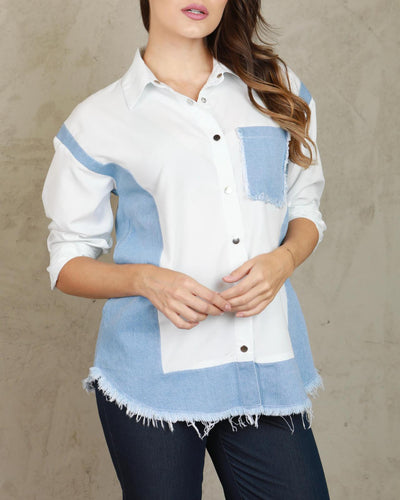 White Denim Fringe Button up Top