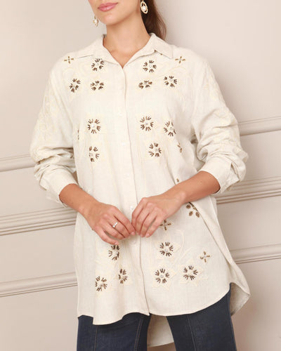 Beige Embroidery Long Sleeve Top