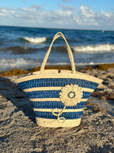 Load image into Gallery viewer, Blue Flower &quot;Trapezoid&quot; Straw Artisan Tote