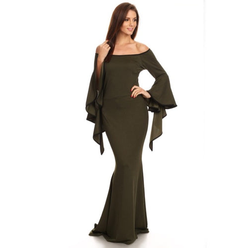 Olive Green Off Shoulder Long Gown