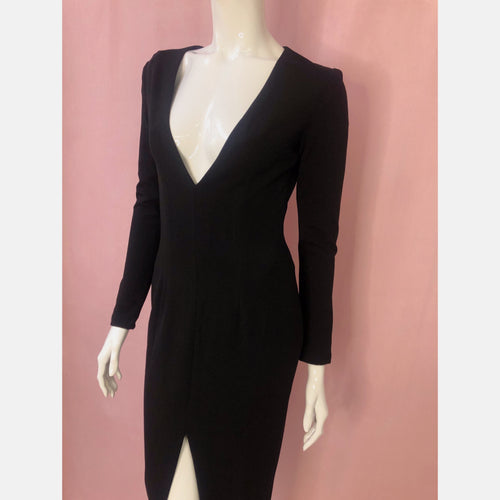 Black Deep V-Neck, Slit Bodycon Dress
