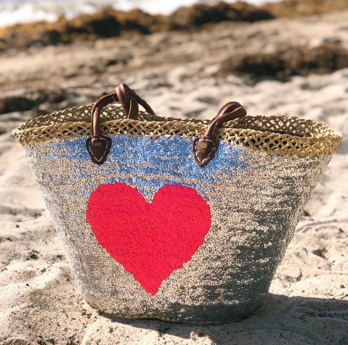 Silver, Hot Pink Heart Moroccan Beach Tote Bag