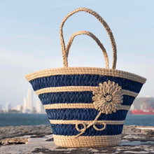 Load image into Gallery viewer, Blue Flower &quot;Trapezoid&quot; Straw Artisan Tote