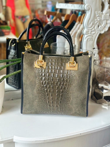 Suede Croc Emboss Italian Leather Handbag