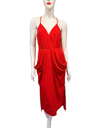 BCBG Red V-Neck Ruffle Midi Dress