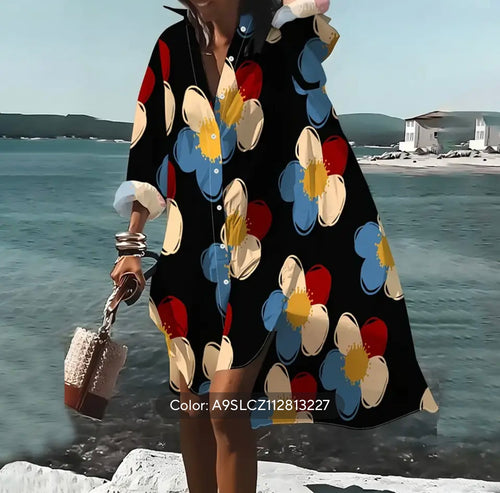 Black Multi-Color Daisy Shirt Dress