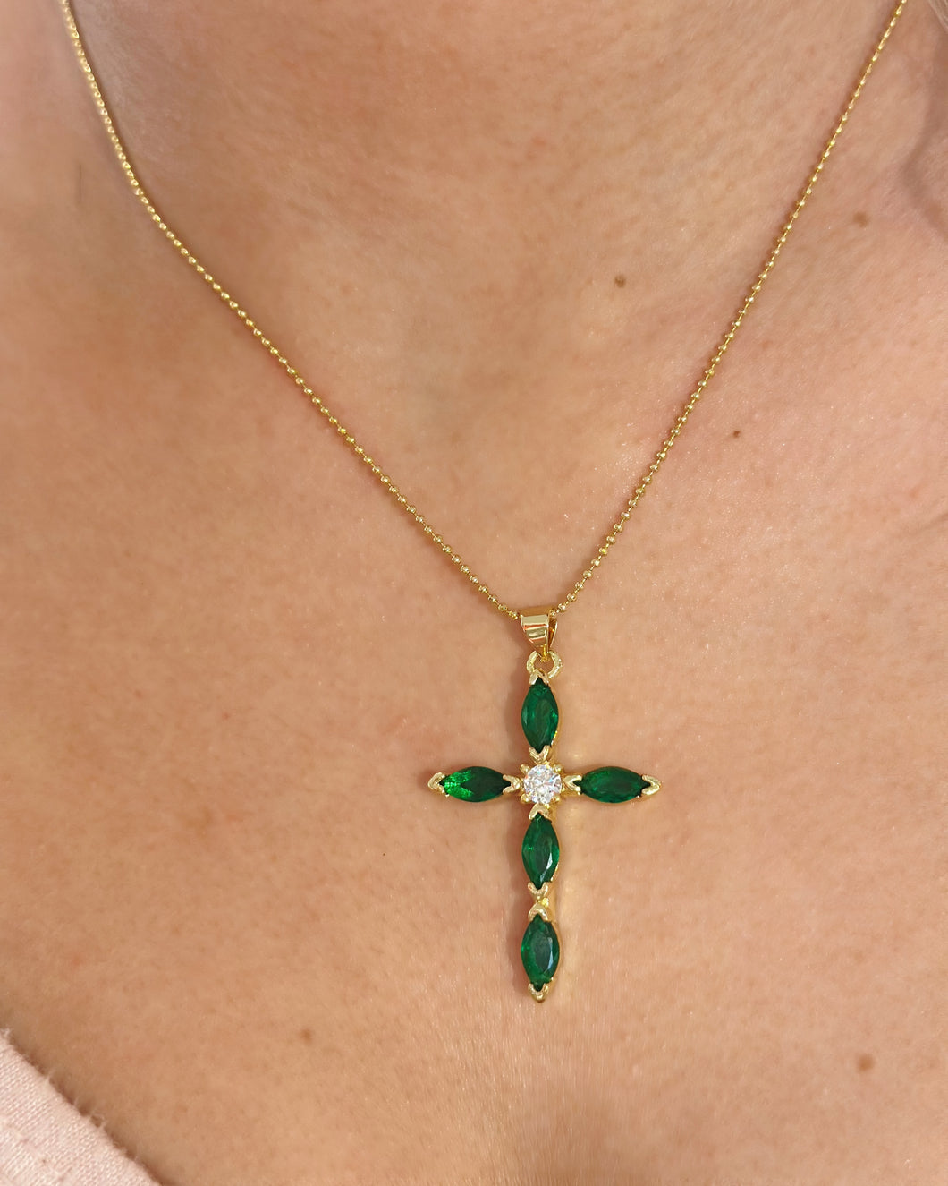 Green Crystal Cross Pendant Necklace