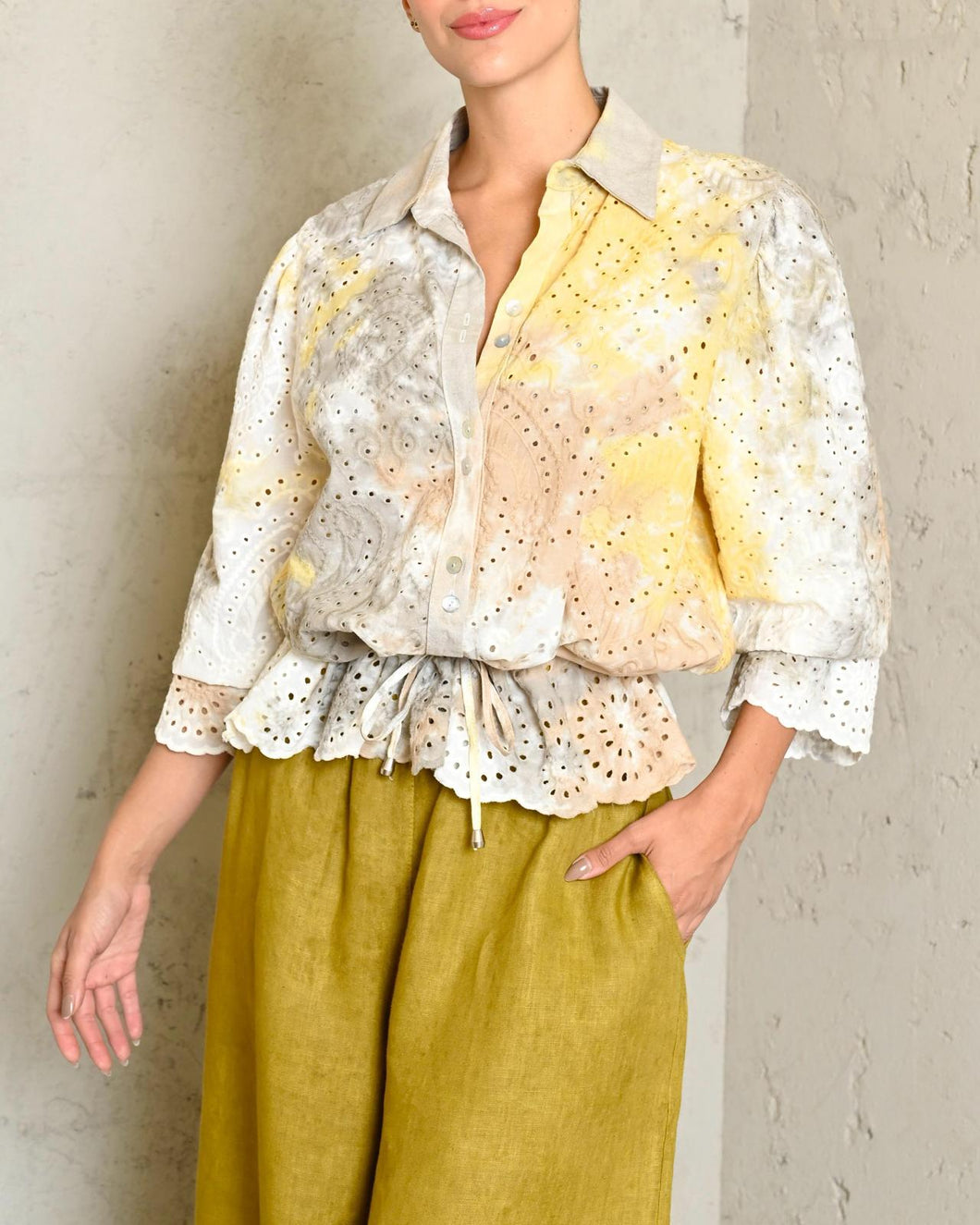 Tie Dye Mustard Eyelet Top
