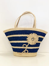 Load image into Gallery viewer, Blue Flower &quot;Trapezoid&quot; Straw Artisan Tote