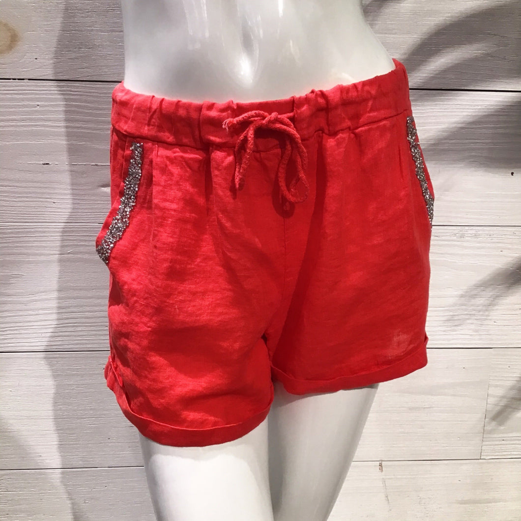 Coral Diamond Pocket Linen Shorts