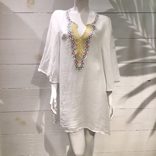 White Linen Embrodiery Beach Cover Up