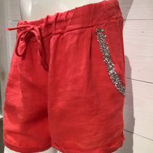 Load image into Gallery viewer, Coral Diamond Pocket Linen Shorts