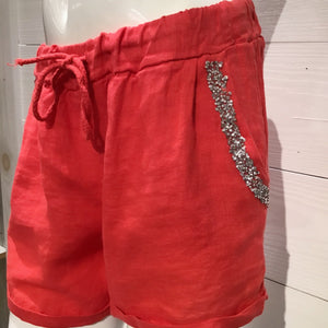 Coral Diamond Pocket Linen Shorts